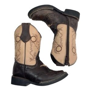 Kids White Diamonds Boots Square Toe Zipper Brown Beige Embroidered